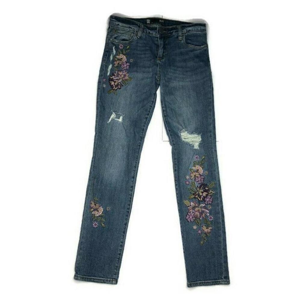Kut from the Kloth Catherine Boyfriend Jeans Floral Embroidered Distressed Sz 2 - Picture 1 of 9